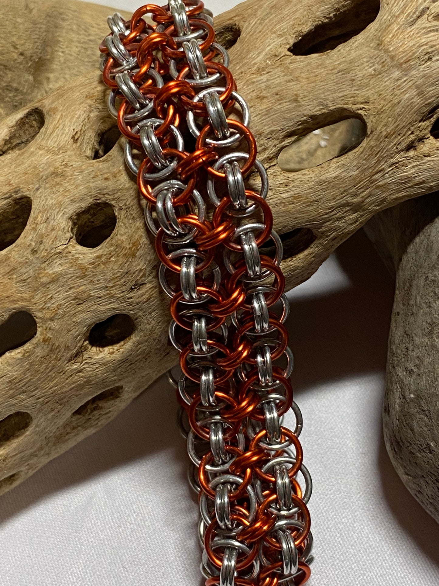 Orange and Silver Handcrafted Chain Bracelet, 8 Inches Long, Lightweight