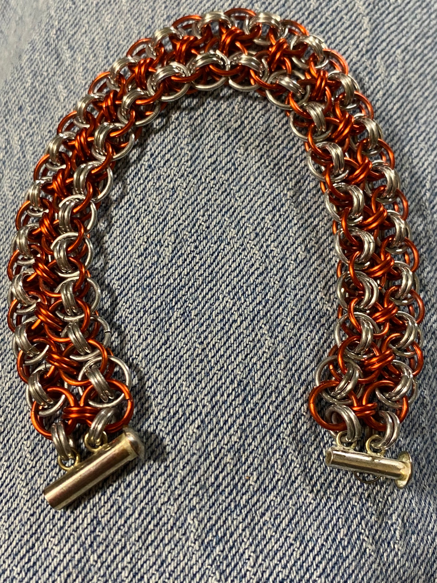 Orange and Silver Handcrafted Chain Bracelet, 8 Inches Long, Lightweight