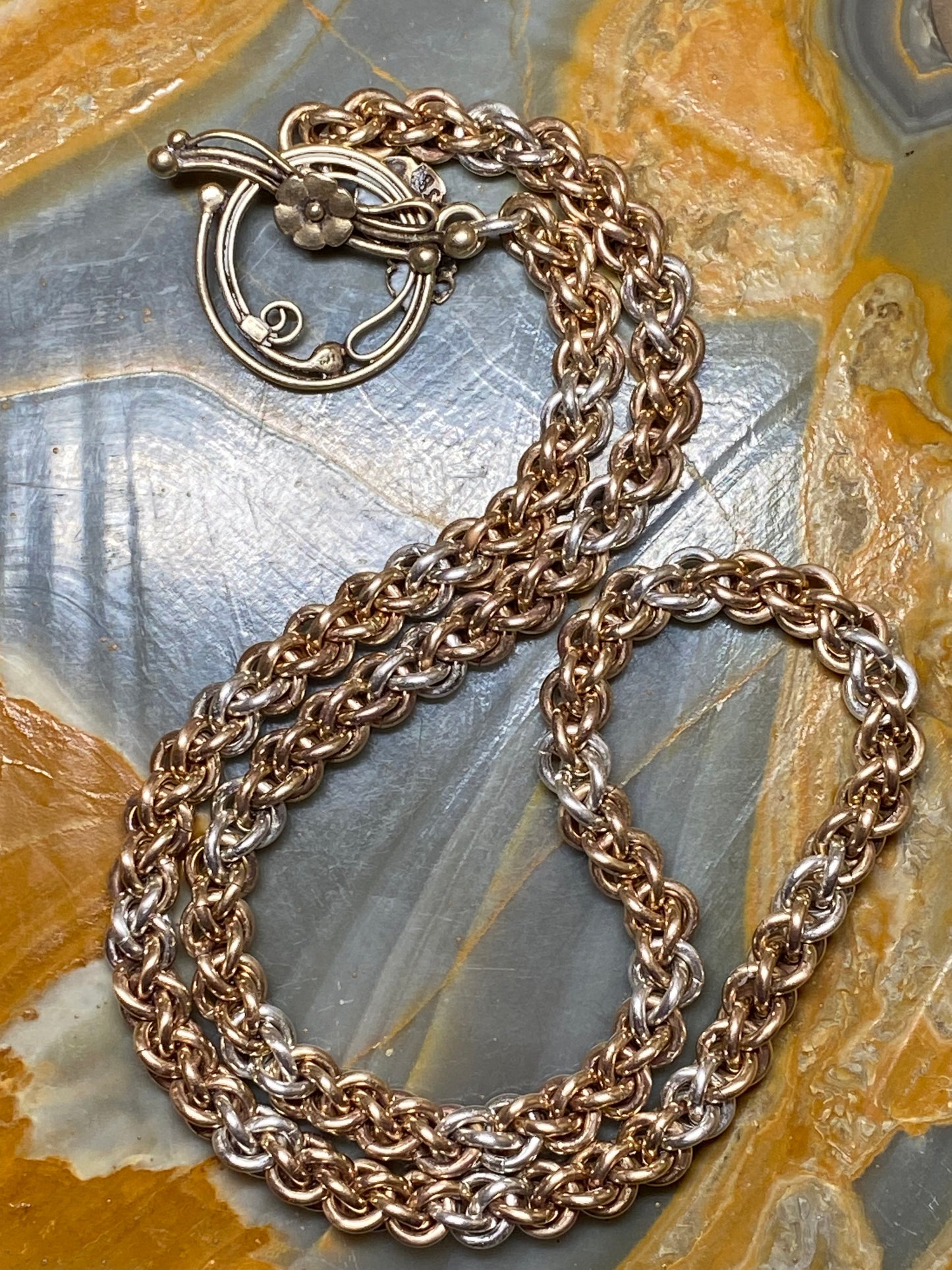 Sterling Silver and Brass Patterned JPL Choker with Decorative Toggle Clasp 17 Inches
