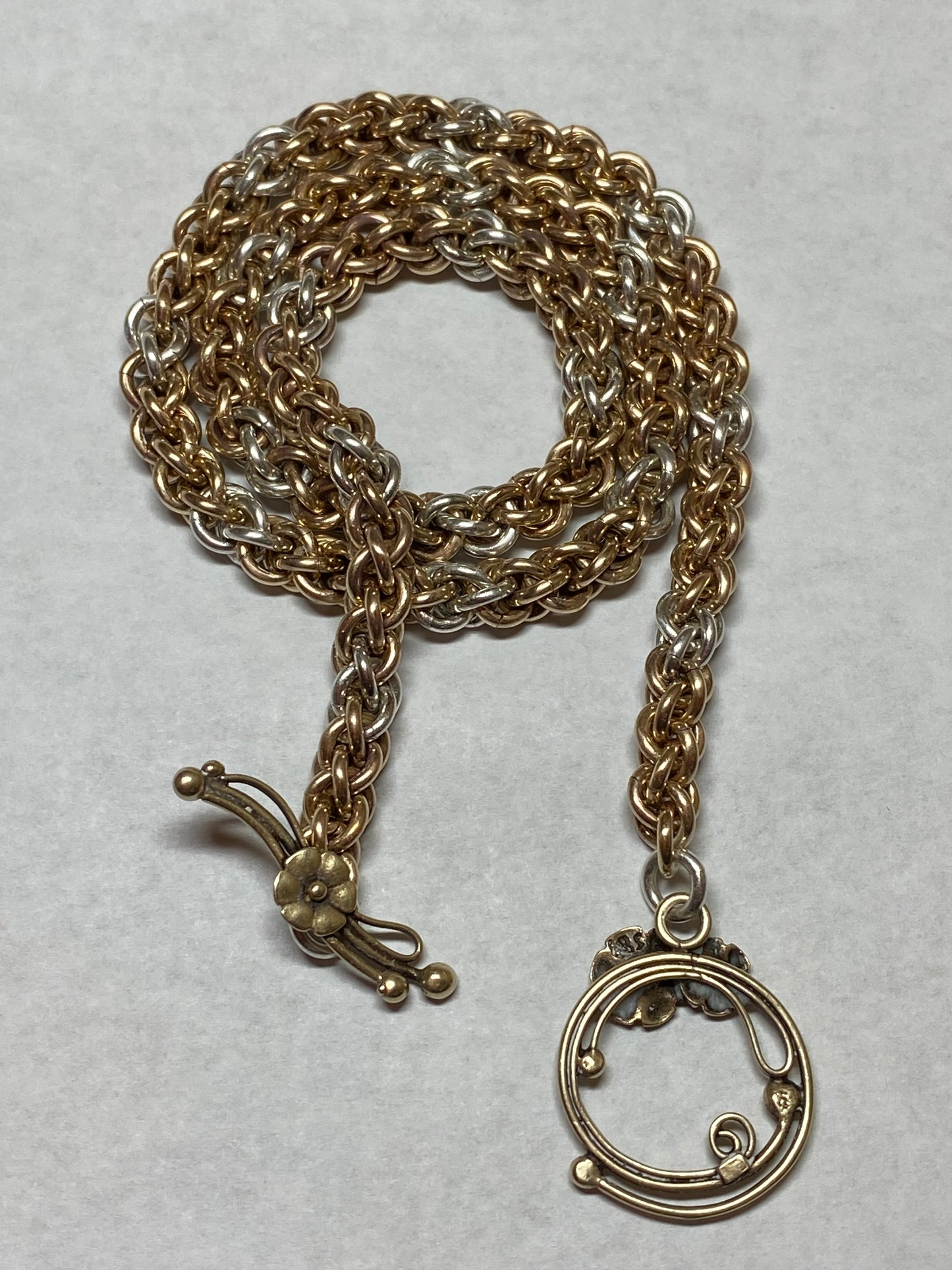 Sterling Silver and Brass Patterned JPL Choker with Decorative Toggle Clasp 17 Inches