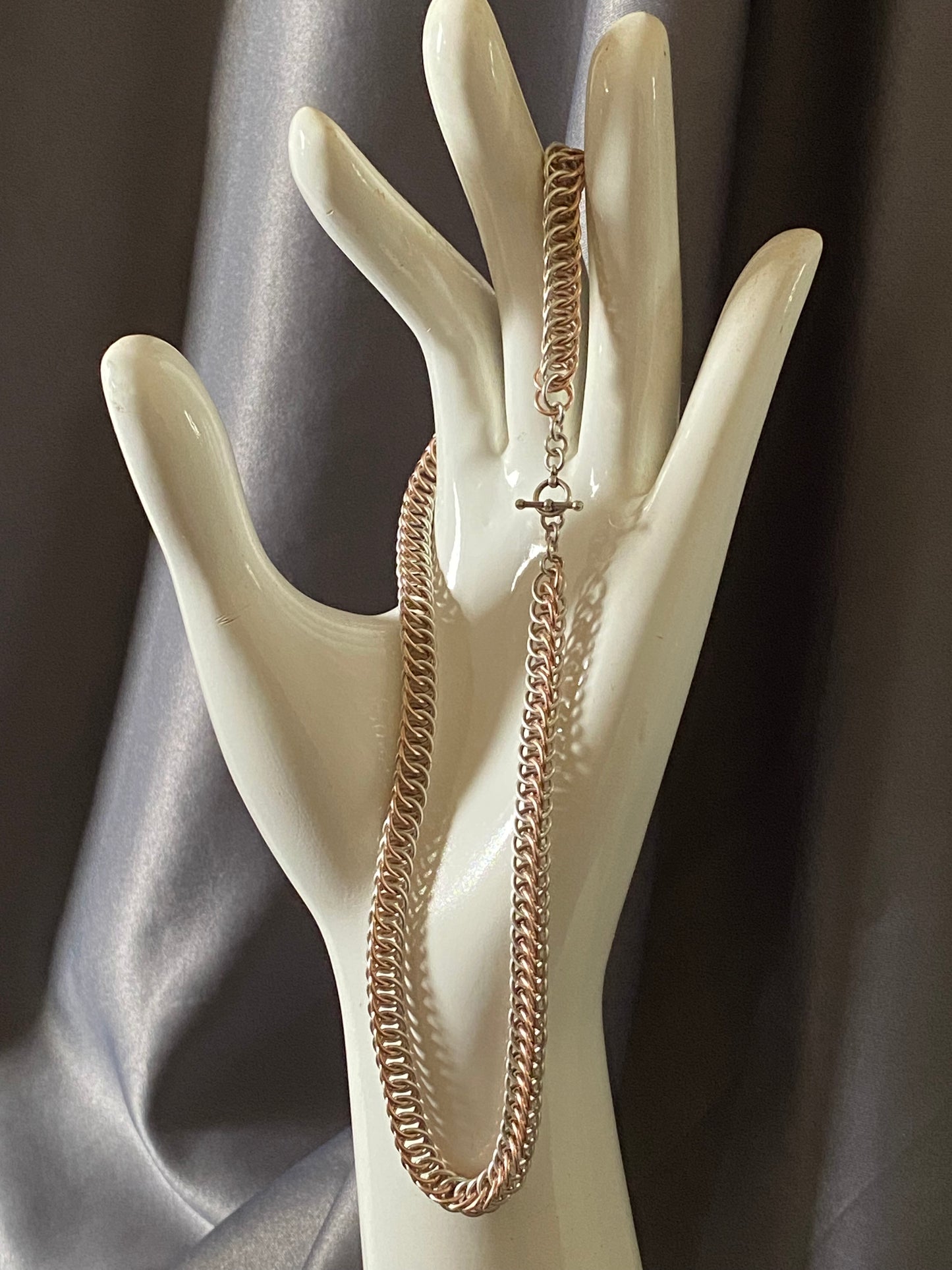 Sterling Silver and Bronze X Weave Chain, Patterned Necklace, 18 Inches, Toggle Clasp