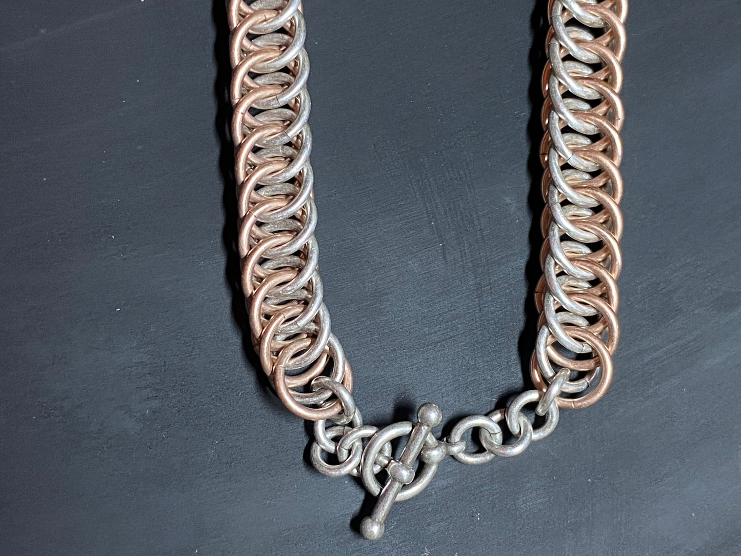 Sterling Silver and Bronze X Weave Chain, Patterned Necklace, 18 Inches, Toggle Clasp