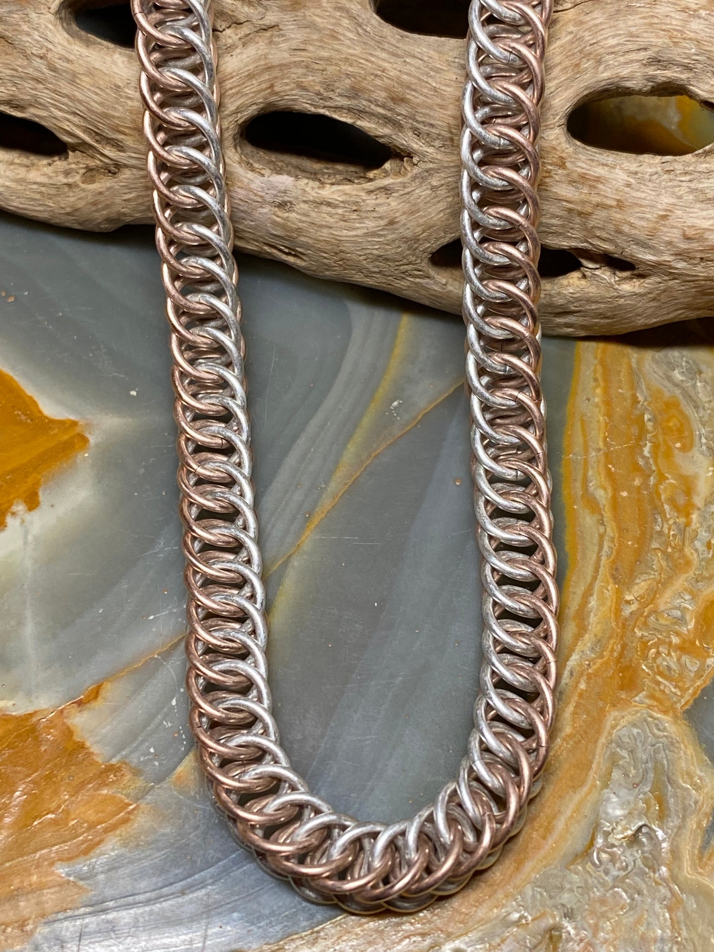 Sterling Silver and Bronze X Weave Chain, Patterned Necklace, 18 Inches, Toggle Clasp