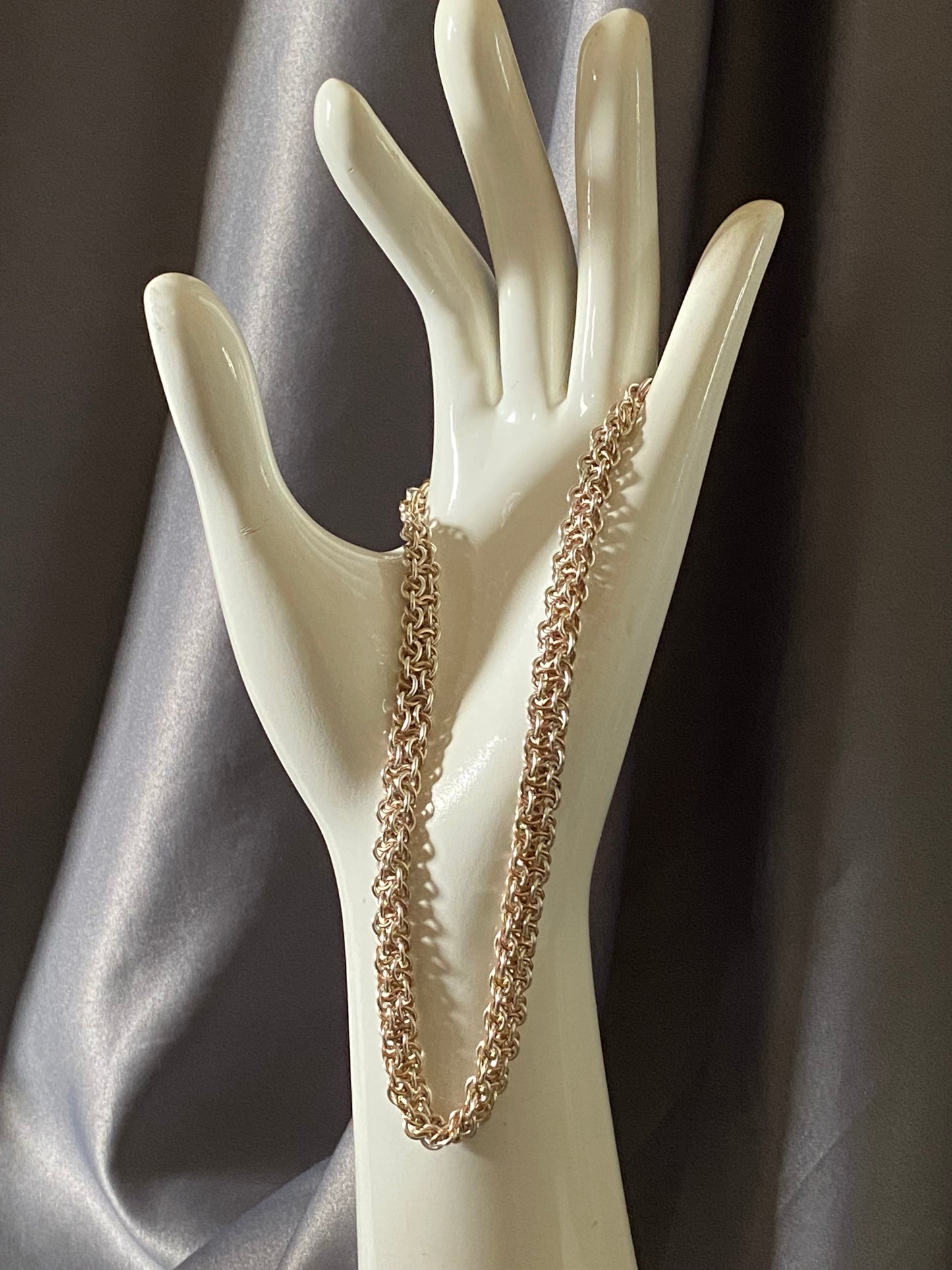 Sterling Silver and Bronze Choker, Patterned Handwoven Chain, 16 1/2 Inches
