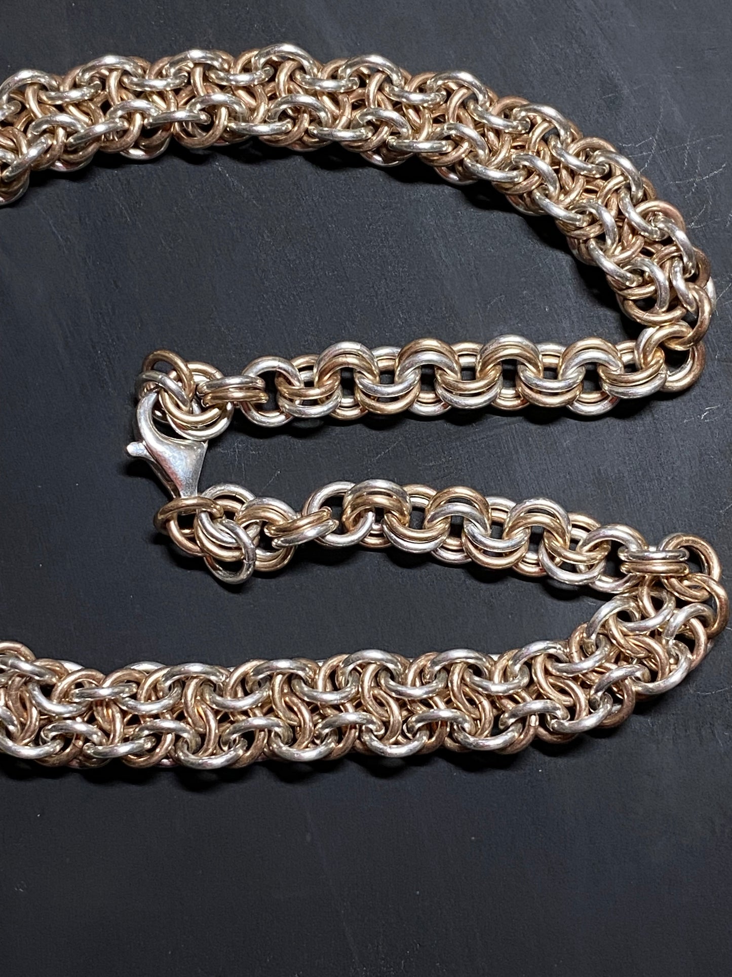 Sterling Silver and Bronze Choker, Patterned Handwoven Chain, 16 1/2 Inches