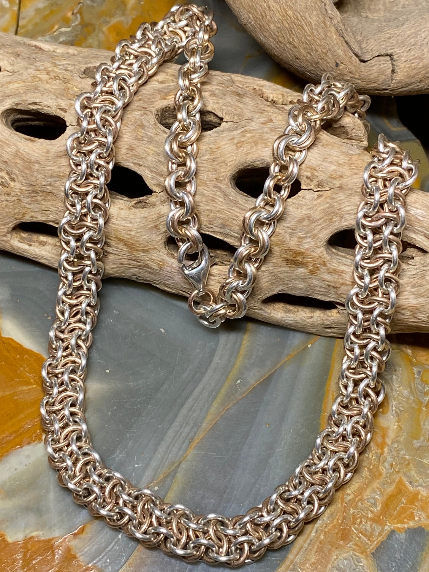 Sterling Silver and Bronze Choker, Patterned Handwoven Chain, 16 1/2 Inches