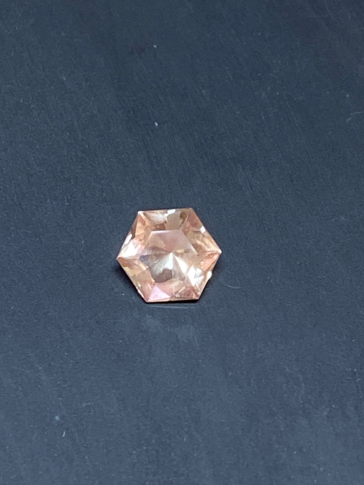 Pink Oregon Sunstone with Schiller, Faceted Hexagon Gemstone, 1.1 Carat, 6.7 MM