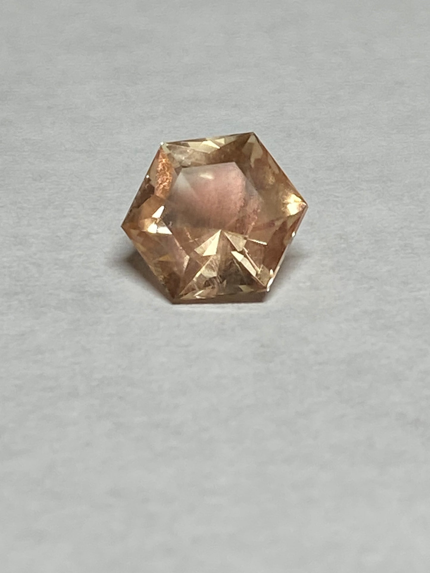 Pink Oregon Sunstone with Schiller, Faceted Hexagon Gemstone, 1.1 Carat, 6.7 MM