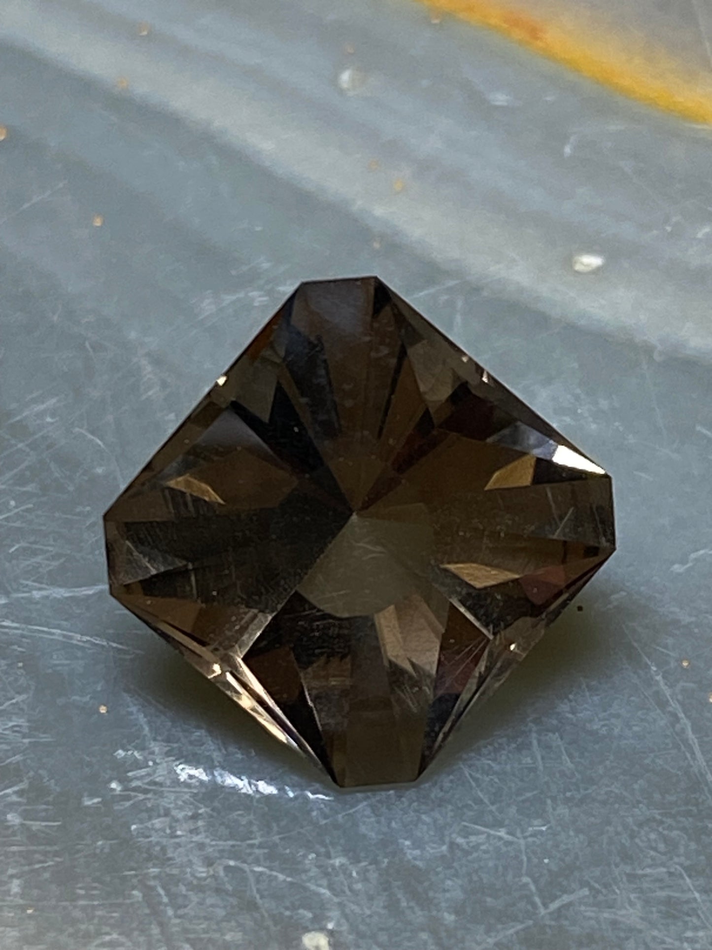 Smokey Quartz, Facated Gemstone, Cut Corner Square, 9.4 MM, 3.2 Carat