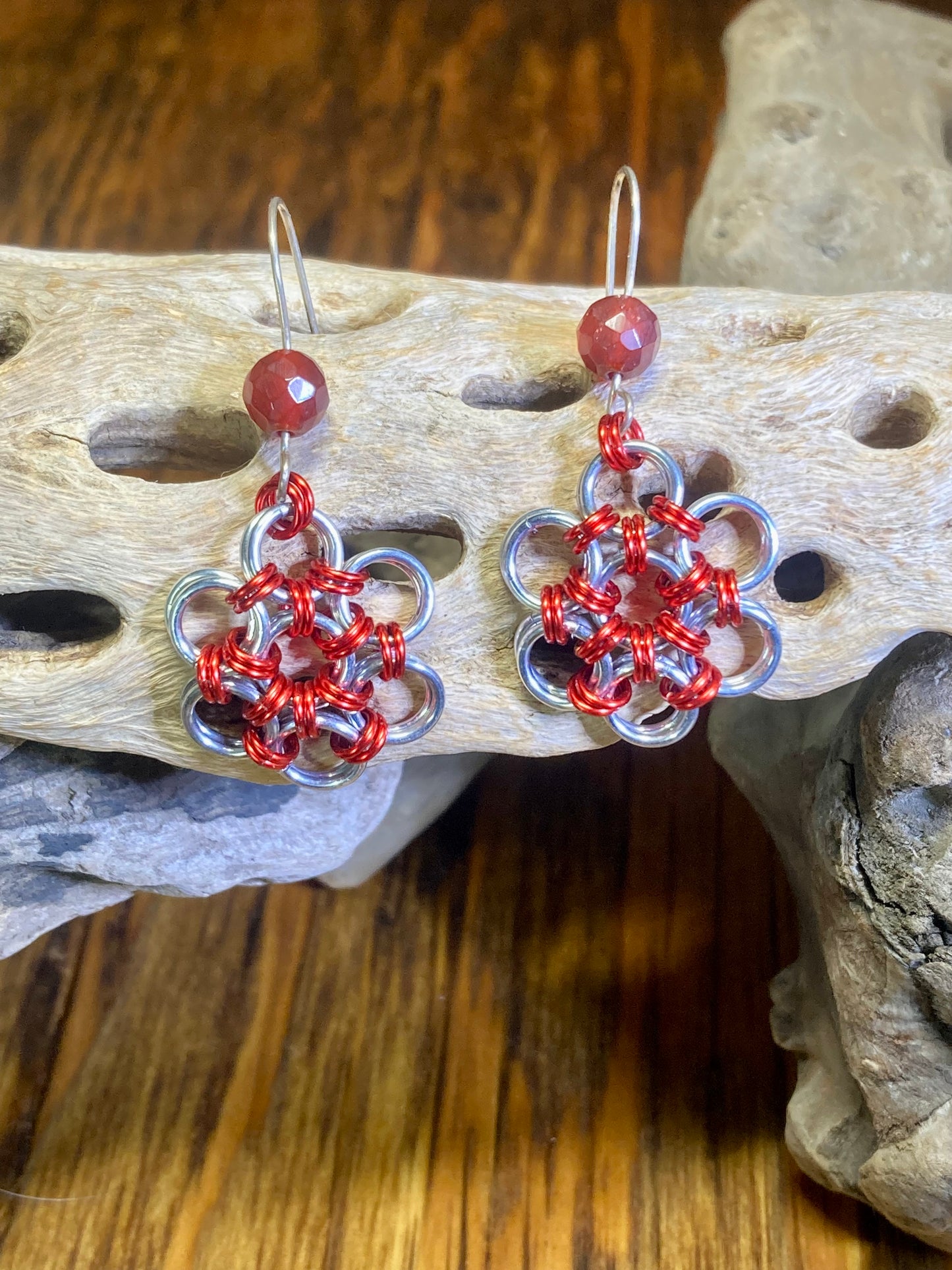 Flower Dangle Earrings with Carnelian Accent Stones