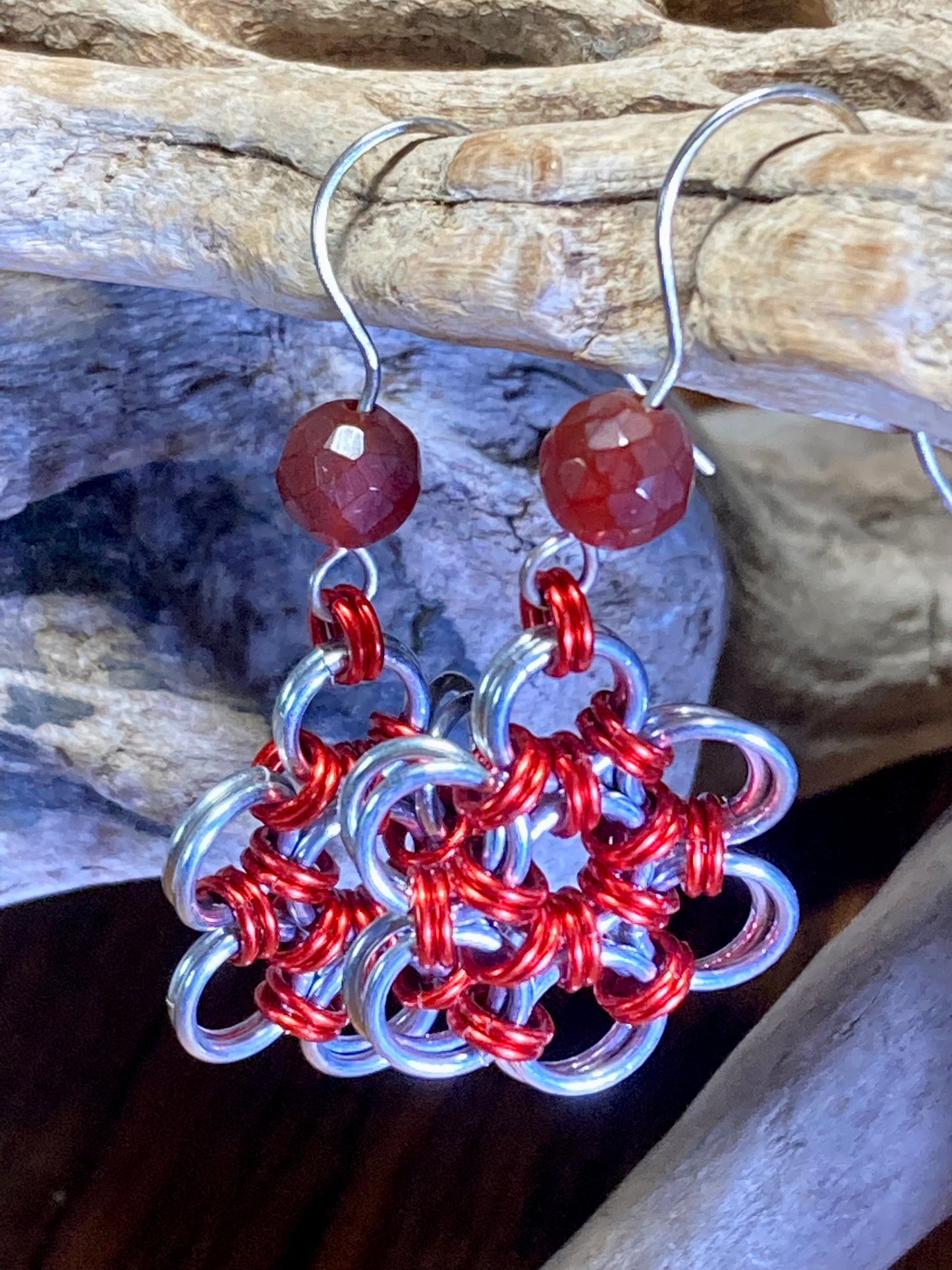 Flower Dangle Earrings with Carnelian Accent Stones