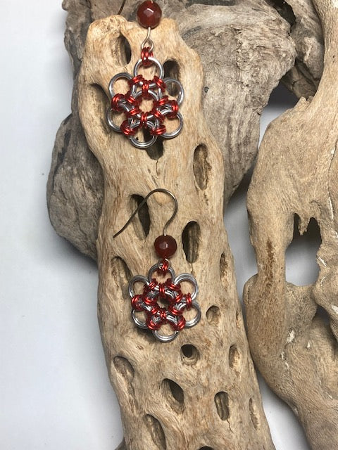 Flower Dangle Earrings with Carnelian Accent Stones