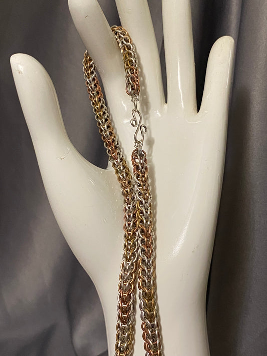 Sterling Silver, Brass, Bronze, Copper, Handwoven Patterned Chain Necklace, 20 1/2 Inches Long,2.4 Oz