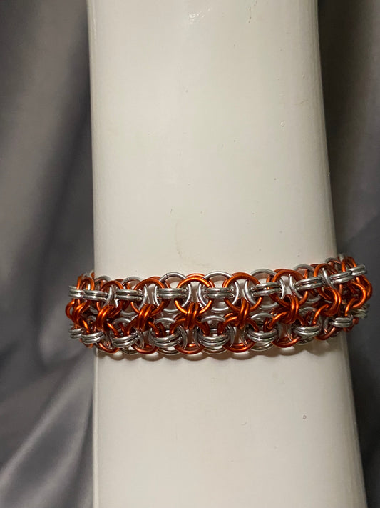 Orange and Silver Handcrafted Chain Bracelet, 8 Inches Long, Lightweight