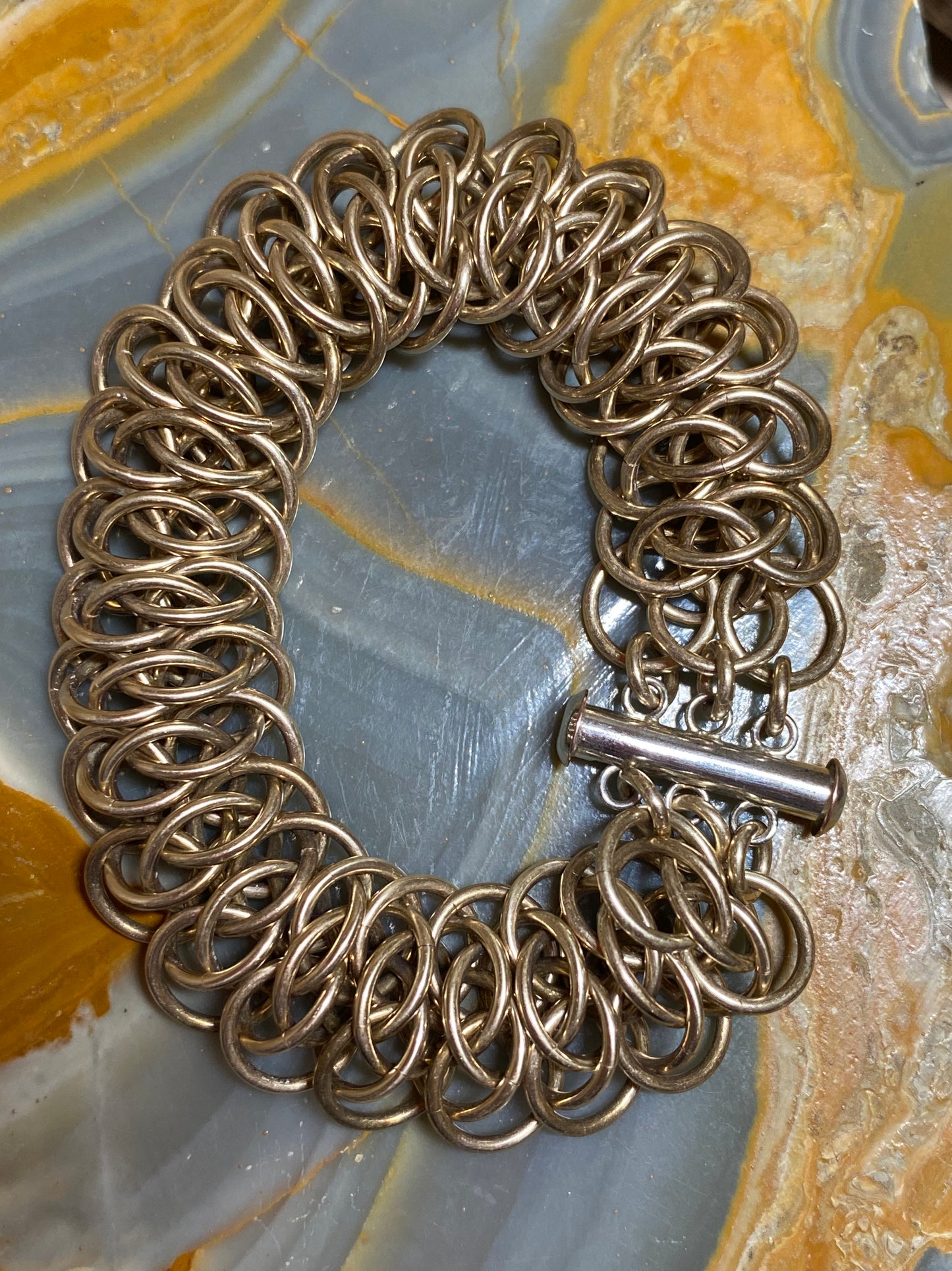 Brass Chain Bracelet with Slide Clasp, Handwoven Chain, 7 1/2 Inches Long