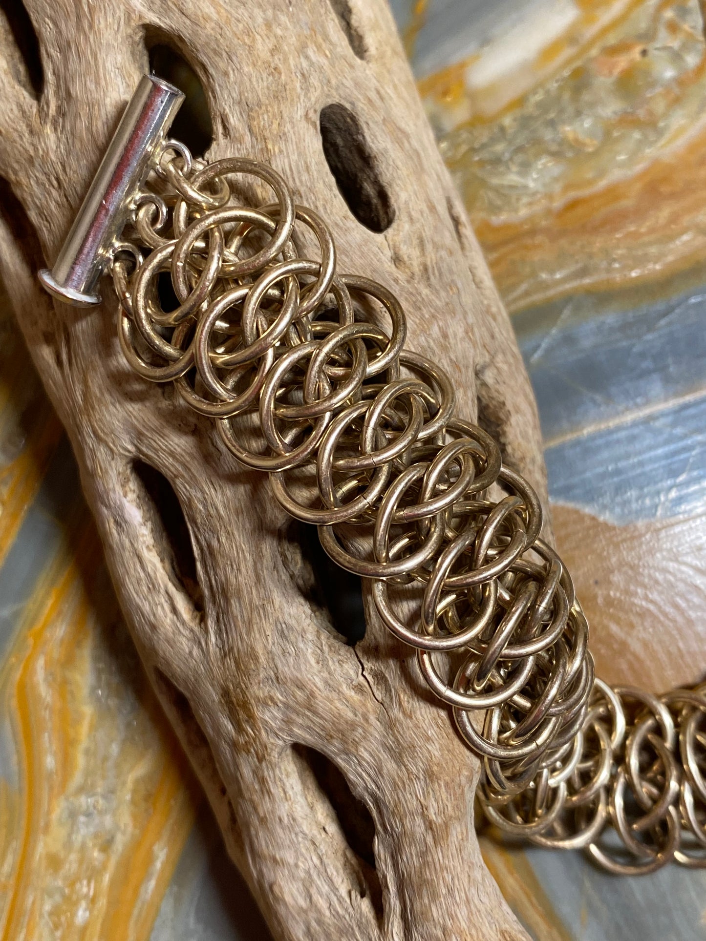 Brass Chain Bracelet with Slide Clasp, Handwoven Chain, 7 1/2 Inches Long