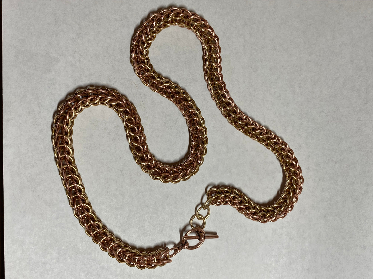 Brass and Copper Handwoven Chain Necklace with Toggle Clasp, 19 1/2 Inches