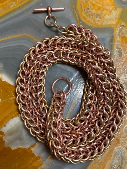 Brass and Copper Handwoven Chain Necklace with Toggle Clasp, 19 1/2 Inches