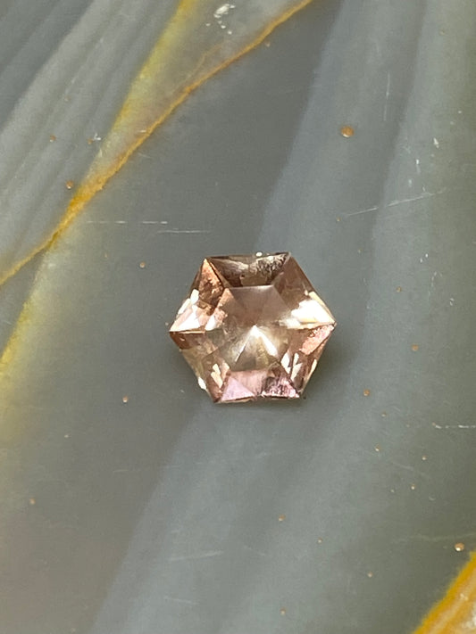 Pink Oregon Sunstone with Schiller, Faceted Hexagon Gemstone, 1.1 Carat, 6.7 MM