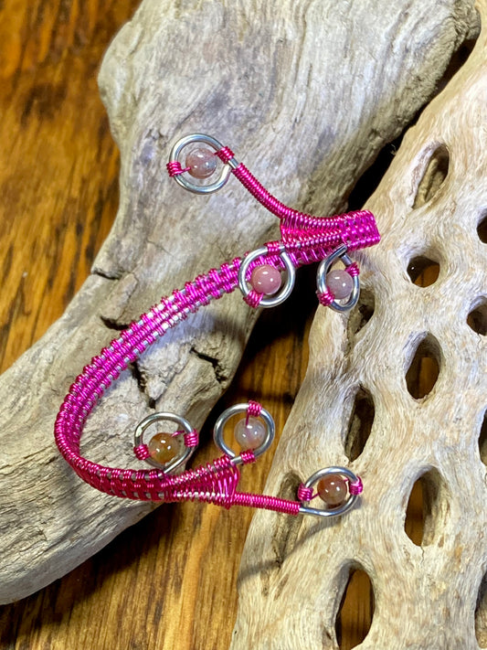 Adjustable Hot Pink Wire Wrapped Bracelet with Accent Stones