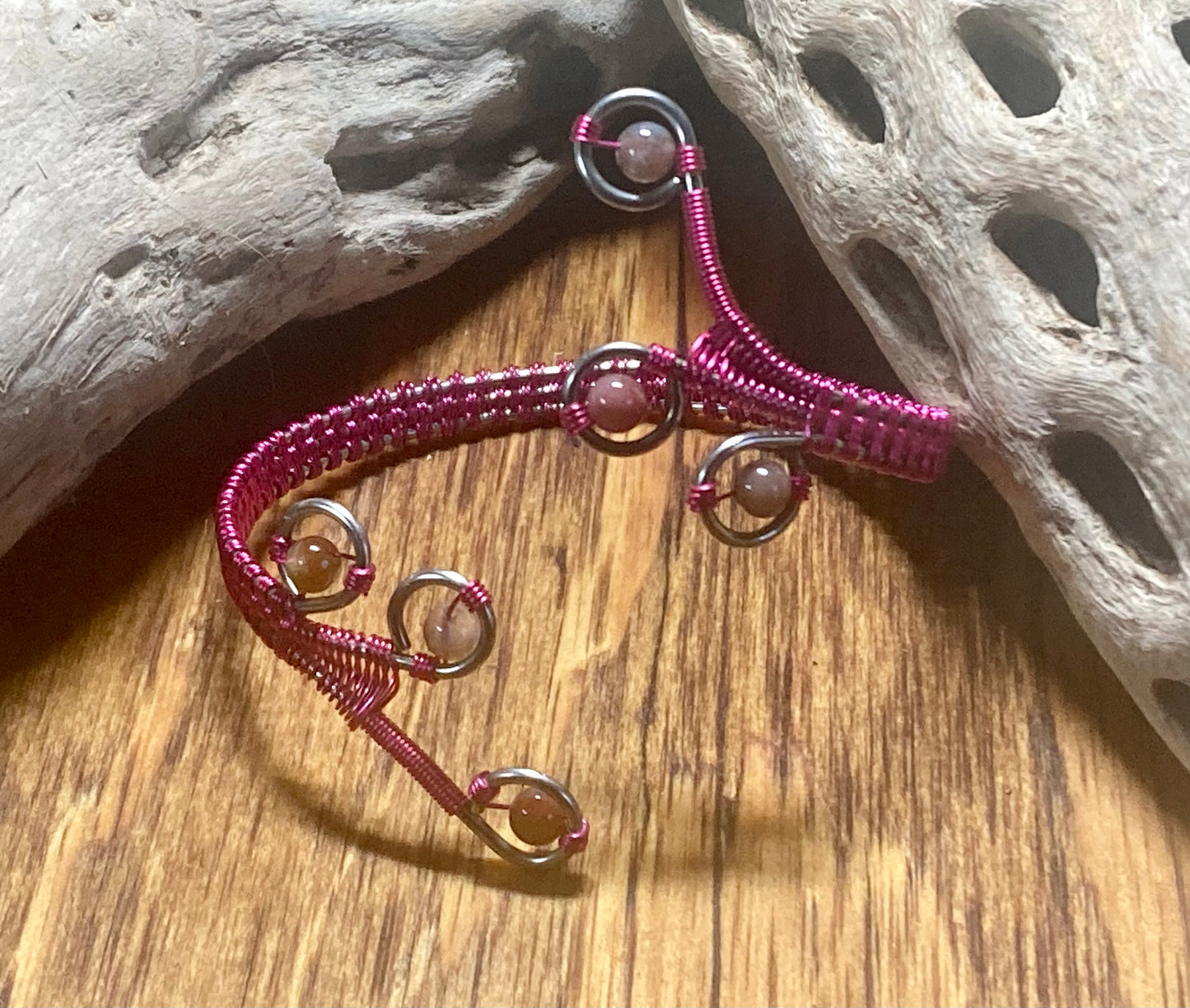 Adjustable Hot Pink Wire Wrapped Bracelet with Accent Stones