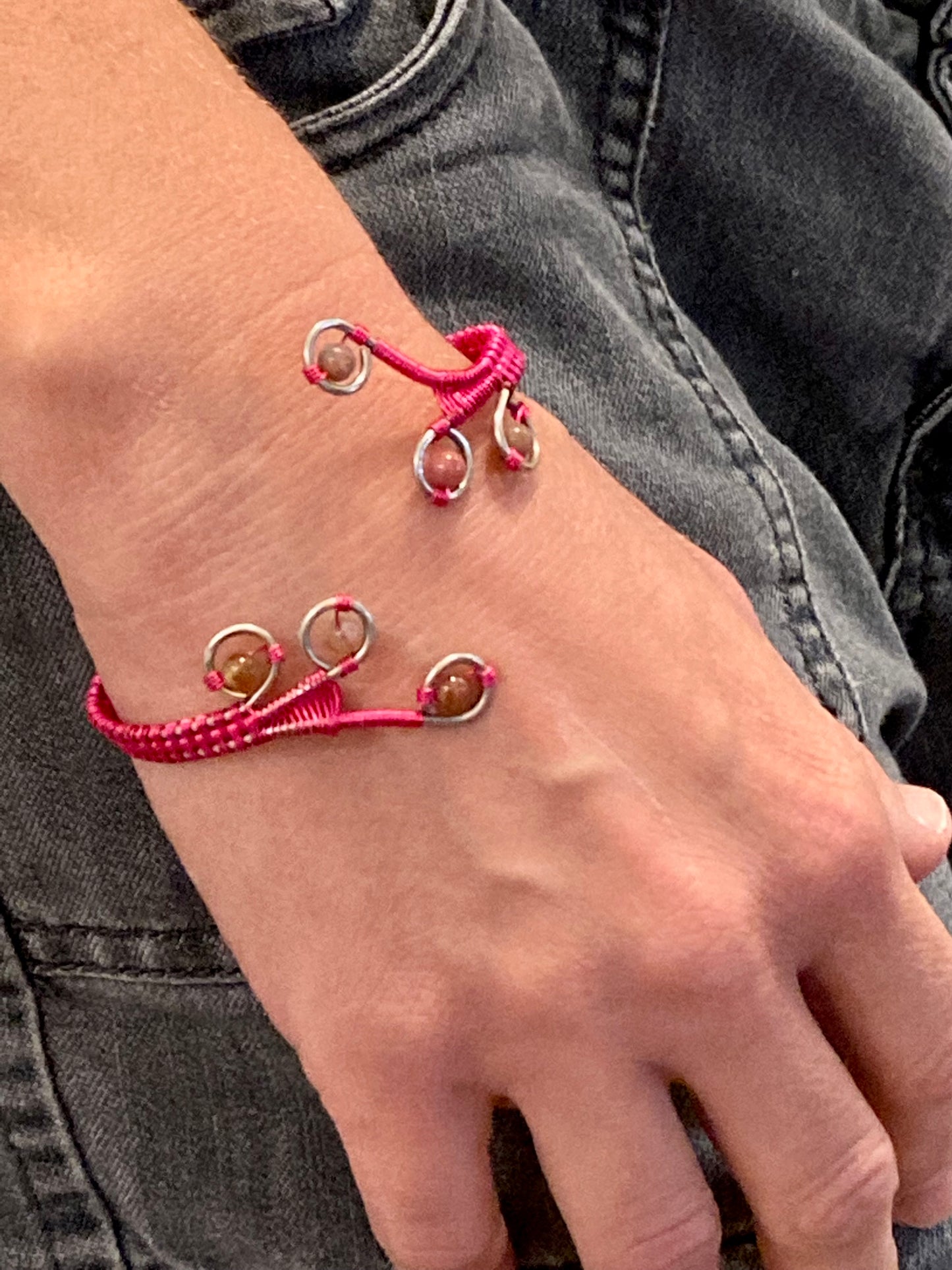 Adjustable Hot Pink Wire Wrapped Bracelet with Accent Stones