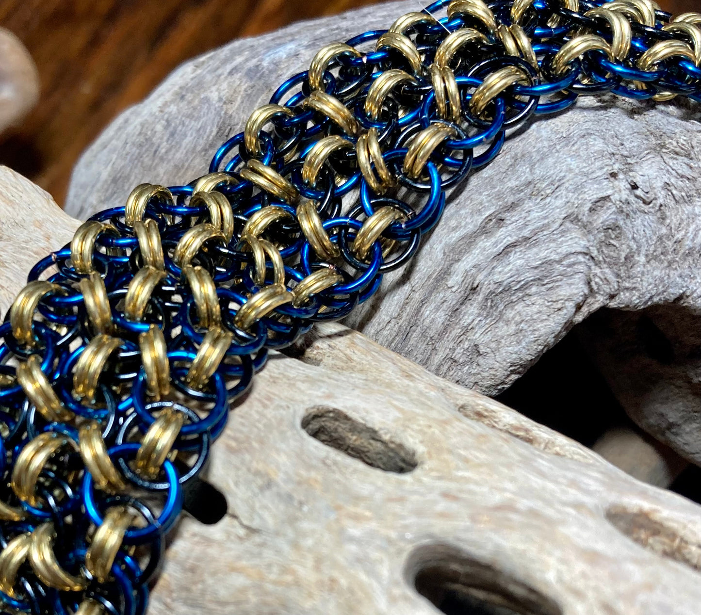 Handwoven Helm Weave Chain Bracelet with Slide Clasp, Blue, Black, and Brass