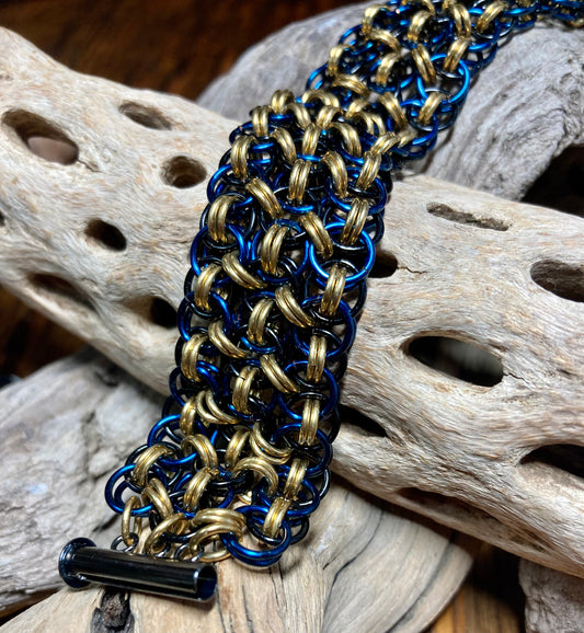 Handwoven Helm Weave Chain Bracelet with Slide Clasp, Blue, Black, and Brass