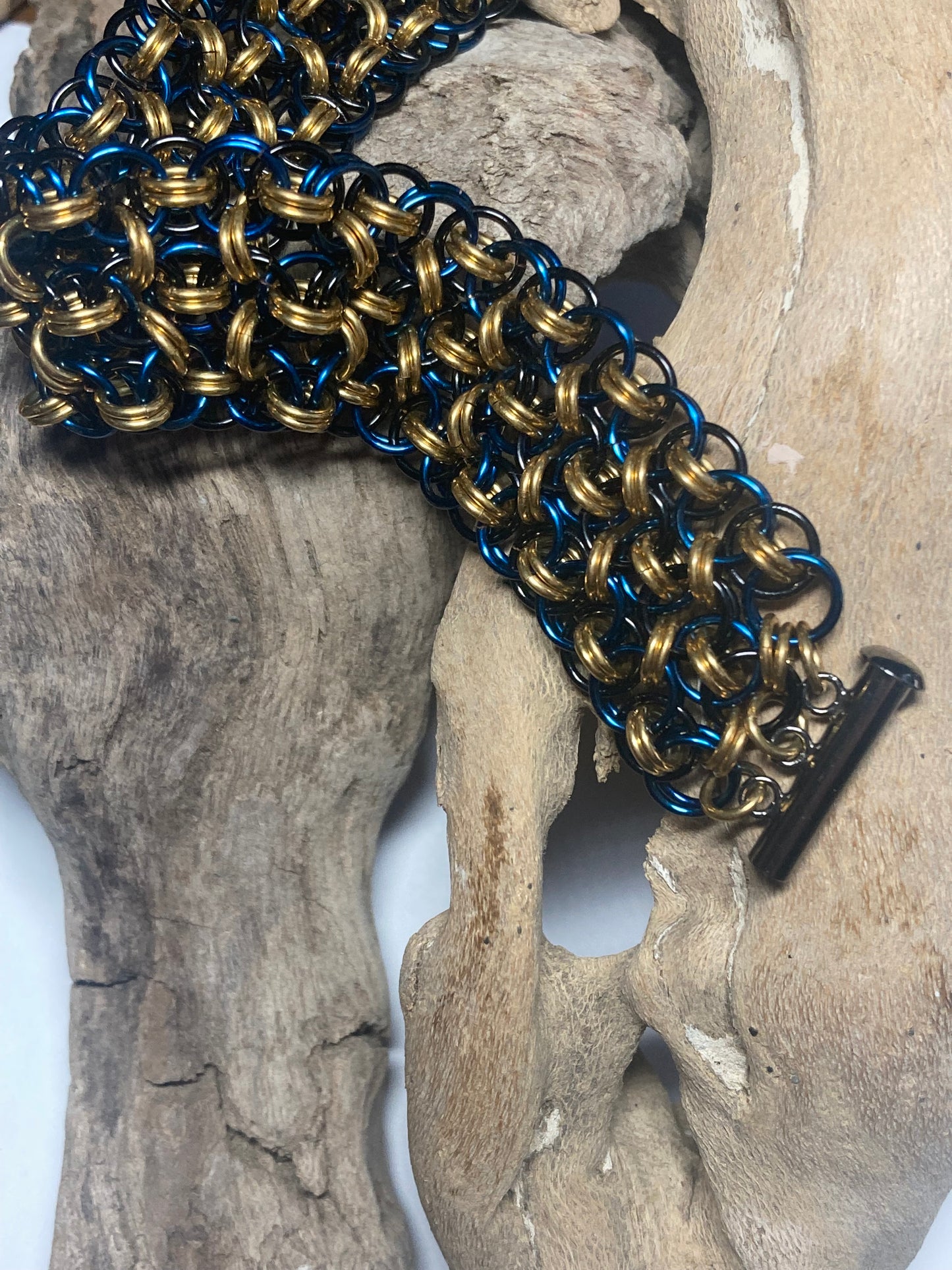 Handwoven Helm Weave Chain Bracelet with Slide Clasp, Blue, Black, and Brass