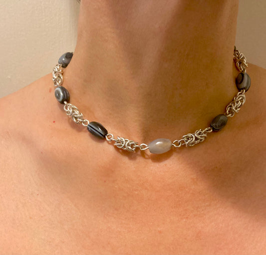 Sterling Silver, and Banded Agate Choker Necklace